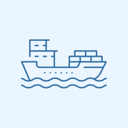 A simple line drawing of a cargo ship, depicted in blue on a white background, with stylized waves beneath it representing the ocean.