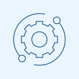 Icon of a gear with circuit connections surrounding it, representing innovative technology, depicted in blue on a white background